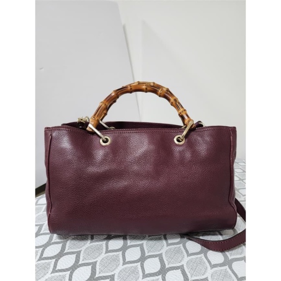 Authentic GUCCI Pebbled Leather Medium Bamboo Shopping Tote Bag Burgundy - Picture 4 of 14